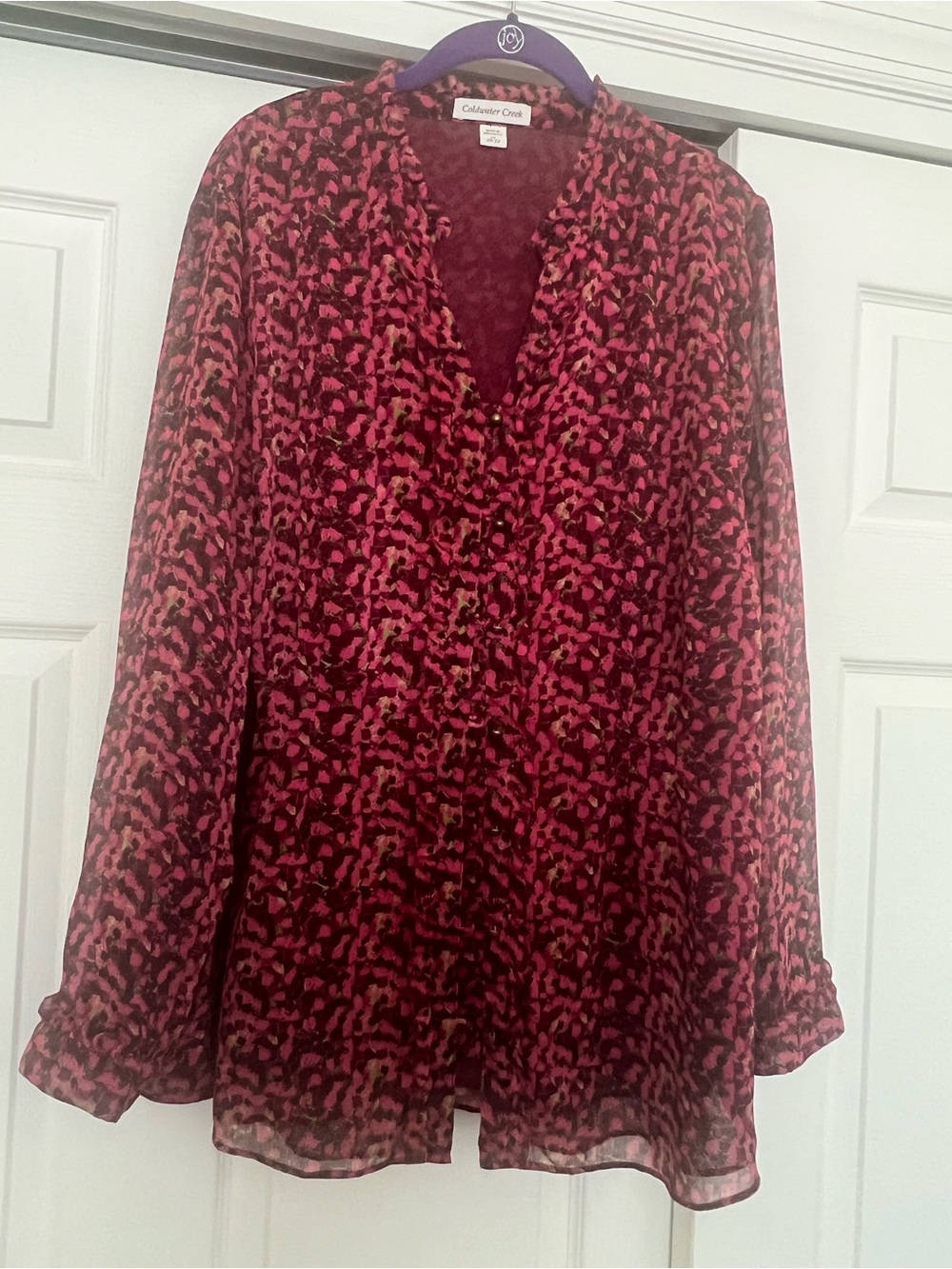 Coldwater Creek Burgundy V-Neck Printed Blouse